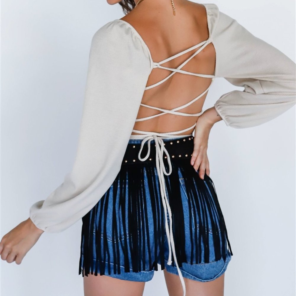 Western Denim Cotton High Rise Shorts with Fringe Suede Studded Belt - Picture 4 of 7